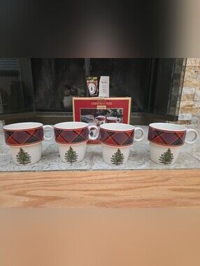 NIB Spode Christmas Tree Tartan Stackable Mugs Set of 4 10oz Holiday Coffee Cups